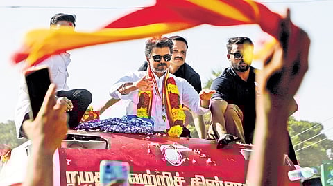 TVK chief and actor Vijay during his visit to Tiruppur as part of his campaign tour on Tuesday.