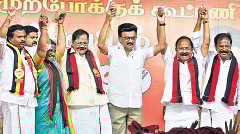 Chief Minister M K Stalin introducing five candidates of the DMK-led Secular Progressive Alliance during an event in Vellore on Tuesday.