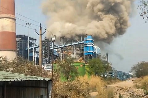 Smoke billows after an explosion at a power plant, in Chhattisgarh's Sakti district, Tuesday, April 14, 2026. Four workers were killed and 15 others injured in the incident.