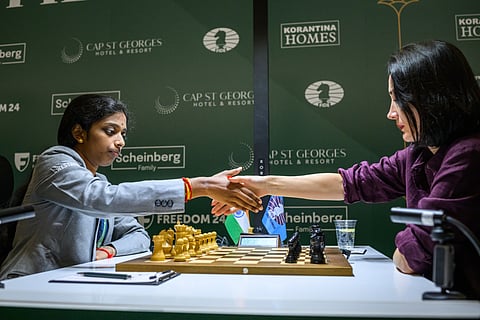 R Vaishali (L) during the final round on Wednesday