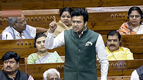 BJP MP Tejasvi Surya speaks in the Lok Sabha during the special session of Parliament in New Delhi, Thursday, April 16, 2026.