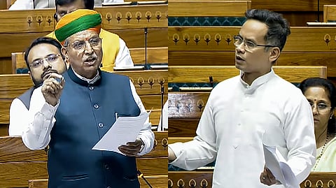 Union Minister Arjun Ram Meghwal (L) and Congress MP Gaurav Gogoi (R) speak in the Lok Sabha during the Special session of Parliament in New Delhi, Thursday, April 16, 2026.