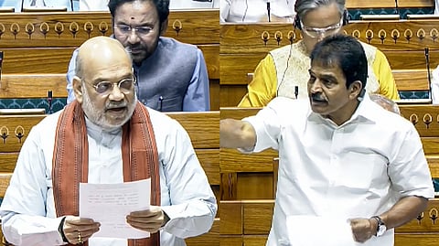 Union Home Minister Amit Shah (L) and Congress MP KC Venugopal (R) speak in the Lok Sabha during the Special session of Parliament in New Delhi, Thursday, April 16, 2026.