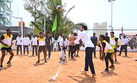 HRD and IT Minister Nara Lokesh plays volleyball with youth in a joyful mood during his visit to Tirupati on Wednesday.