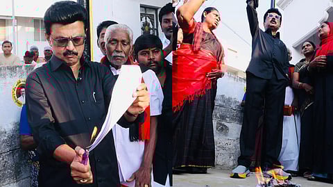 Tamil Nadu Chief Minister and DMK President M.K. Stalin, burned the copy of delimitation amendment and host black flag as a part of state wide protest against the Union Government's proposed delimitation amendment in Namakkal on Thursday.