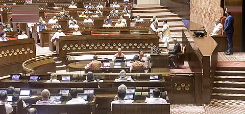 Rajya Sabha Chairman CP Radhakrishnan conducts proceedings as Union Minister JP Nadda is being greeted by BJP MP Nitin Nabin during the Special session of Parliament, in New Delhi, Thursday, April 16, 2026. 