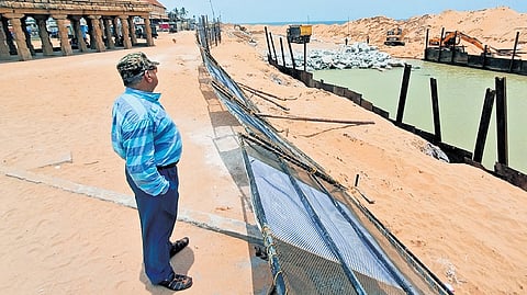 Renovation and coastal protection works under way at Shankhumukham Beach, with ongoing construction aimed at restoring the shoreline 