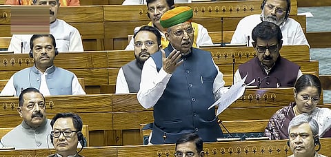 Union Minister Arjun Ram Meghwal speaks in the Lok Sabha during the Special session.