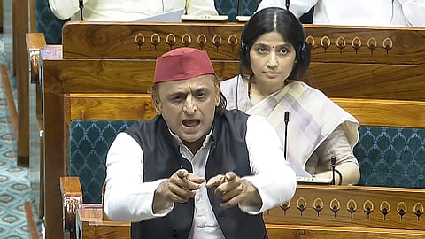 Samajwadi Party MP Akhilesh Yadav speaks in the Lok Sabha during the Special session of Parliament, in New Delhi, Thursday, April 16, 2026.