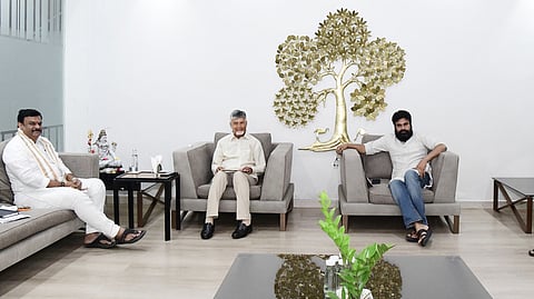 CM Nara Chandrababu Naidu, deputy CM Pawan Kalyan, TDP state president Palla Srinivasrao and BJP state president PVN Madhav during a meeting at CMs camp office on Wednesday.