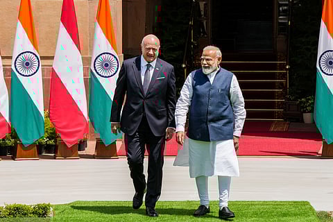 Prime Minister Narendra Modi with Austria's Chancellor Christian Stocker ahead of their meeting at Hyderabad House, in New Delhi, Thursday, April 16, 2026. 