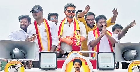 A mannequin of TVK chief Vijay being used in a campaign by Thiruverumbur TVK candidate Navalpattu Viji 