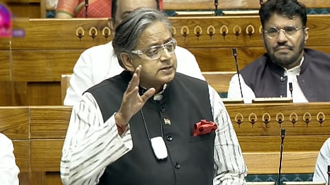 Congress MP Shashi Tharoor speaks in the Lok Sabha during the special session of Parliament in New Delhi, Thursday, April 16, 2026.