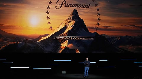 David Ellison, CEO of Paramount Skydance, speaks during the Paramount Pictures presentation at CinemaCon on Thursday, April 16, 2026, at Caesars Palace in Las Vegas