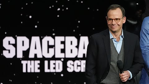 Rick Moranis, cast member of the upcoming film "Spaceballs 2," speaks during the Amazon MGM Studios presentation at CinemaCon on Wednesday, April 15, 2026, at Caesars Palace in Las Vegas.