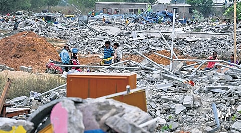 Illegal encroachments demolished as BDA carries out eviction drive in Shampur near Bharatpur on the outskirts of Bhuabaneswar on Friday 