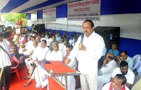 BJD, Congress and Left leaders at a joint dharna in front of the ECoR office.