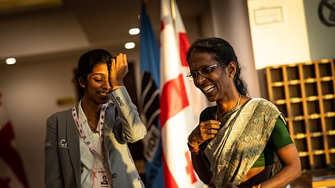 R Vaishali with her mother after becoming the first Indian to win the Fide Women's Candidates Tournament