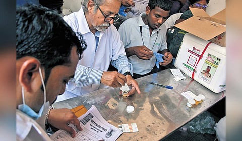 Police conduct drug test for the persons with the previous record of cricket betting in Vijayawada on Friday.