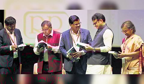 IT Minister D Sridhar Babu interacts with guests and attendees during the national conference by Aeronautical Society of India at ESCI in Gachibowli 
on Friday 