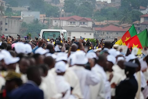 Pope Leo XIV arrives to celebrate mass at Yaounde Ville Airport, Cameroon, Saturday, April 18, 2026 on the sixth day of his 11-day pastoral visit to Africa. 