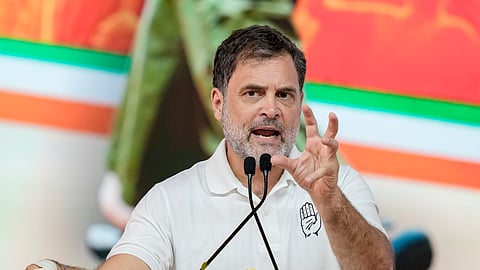 Leader of Opposition in the Lok Sabha Rahul Gandhi addresses a public meeting, ahead of the Tamil Nadu Assembly elections, at Ponneri, in Tiruvallur district, Saturday, April 18, 2026.