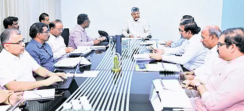 Chief Minister N Chandrababu Naidu holds a review meet on the ‘Swarna Andhra - Swachh Andhra’ programme at his camp office in Undavalli on Friday