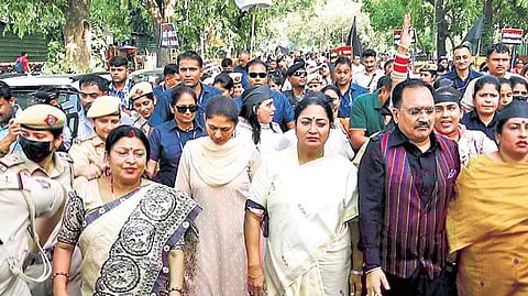 Delhi BJP president Virendra Sachdeva and CM Rekhu Gupta lead the protest in front of Congress leader Rahul Gandhi’s residence on Saturday.