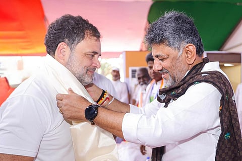 DCM D K Shivakumar felicitates LoP in LS Rahul Gandhi during a rally at Ponneri in Tamil Nadu on Saturday