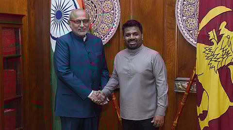 Vice President CP Radhakrishnan shakes hands with Sri Lankan President Anura Kumara Dissanayake in Colombo, Sunday, April 19, 2026.