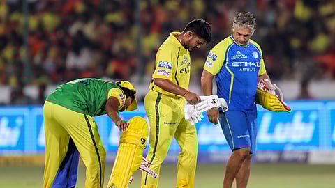 CSK's Ayush Mhatre gets injured during the Indian Premier League 2026 match against Sunrisers Hyderabad at Rajiv Gandhi International Stadium, in Hyderabad on Saturday.