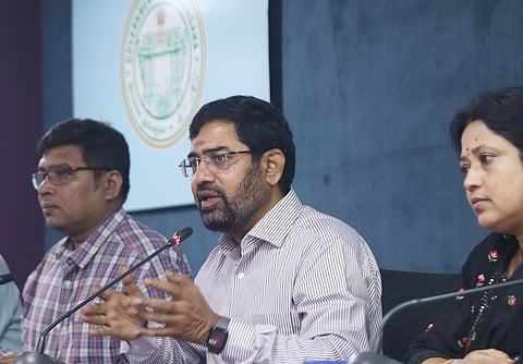 Managing Director of Hyderabad Metropolitan Water Supply and Sewerage Board K Ashok Reddy addressing media during a press conference in Hyderabad on saturday.