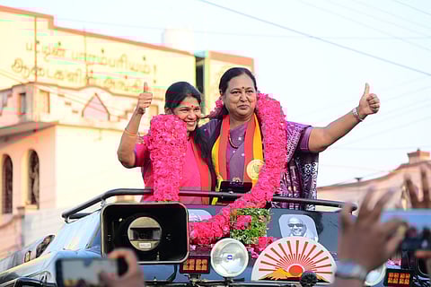 Dravida Munnetra Kazhagam (DMK) Deputy General Secretary Kanimozhi Karunanidhi on Saturday campaigning in support of Desiya Murpokku Dravida Kazhagam (DMDK) general secretary and candidate Premalatha Vijayakanth in the Virudhachalam Assembly constituency
