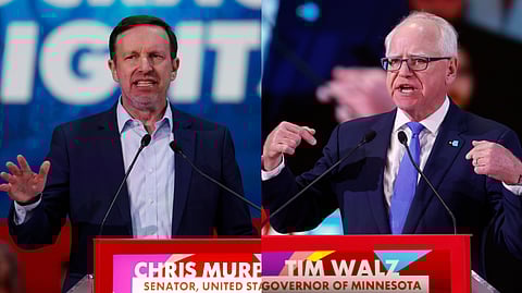 US Senator Chris Murphy (L) and Minnesota Governor Tim Walz (R) deliver their speeches at the Global Progressive Mobilisation summit in Barcelona, Spain, Saturday, April 18, 2026.