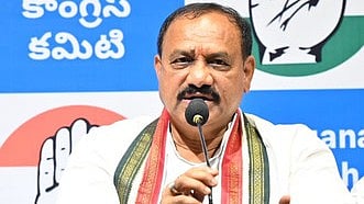 TPCC President and MLC Mahesh Kumar Goud addressing a press conference.