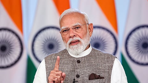 In this image received on April 18, 2026, Prime Minister Narendra Modi addresses the nation. 