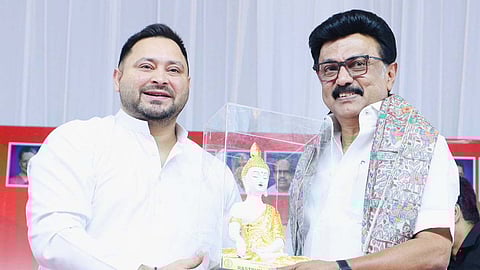 Chief Minister MK Stalin and RJD national working president Tejashwi Yadav at the public meeting in Mettupalayam on Saturday 