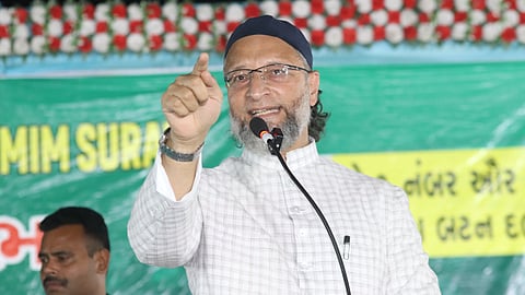 AIMIM chief Asaduddin Owaisi addressing a rally in Gujarat.