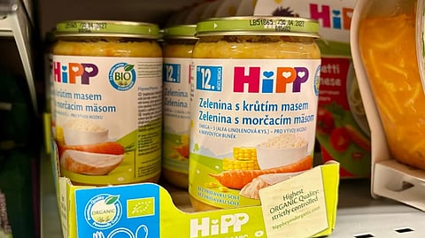 A view of HIPP baby food on a shelf, in Ceske Budejovice, Czech Republic, Sunday, April 19, 2026. 