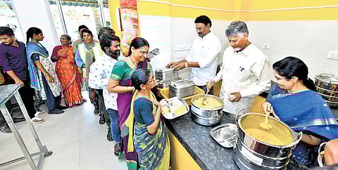 CM Nara Chandrababu Naidu along with his wife Nara Bhuvaneswari serves food to mark birthday at Anna Canteen in Vijayawada on Monday 