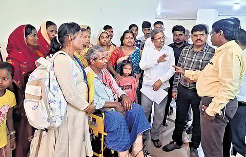Sigachi victims submit representation to officials at the Prajavani programme in Sangareddy on Monday