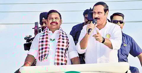 AIADMK general secretary Edappadi K Palaniswami campaigning along with PMK president Anbumani Ramadoss in Salem on Monday