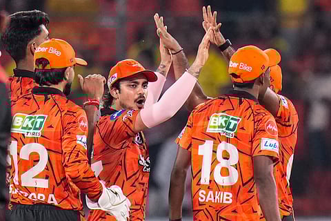 Sunrisers Hyderabad's captain Ishan Kishan celebrates with teammates after his team's win during the Indian Premier League (IPL) 2026 T20 cricket match between Sunrisers Hyderabad and Chennai Super Kings, in Hyderabad, Telangana, Saturday, April 18, 2026.