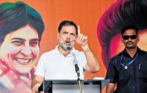 Congress MP and Leader of Opposition Rahul Gandhi addressing a campaign meet at Nanguneri in Tirunelveli on Monday 