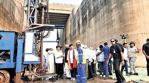 Chief Minister A Revanth Reddy inspects the Medigadda barrage on Monday