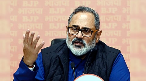 Kerala BJP President Rajeev Chandrasekhar addresses a press conference.