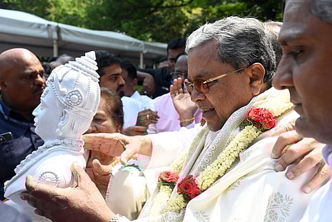 Chief Minister Siddaramaiah during the Basava Jayanti Celebrations at 
Chalukya Circle in Bengaluru on Monday 