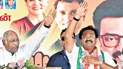 AICC president Mallikarjun Kharge campaigns for Velachery constituency candidate Hassan Maulana in Chennai on Tuesday.