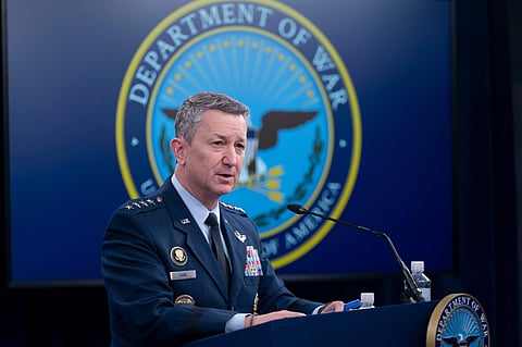 Chairman of the Joint Chiefs of Staff Gen. Dan Caine speaks to members of the media during a press briefing at the Pentagon, Thursday, April 16, 2026 in Washington. 