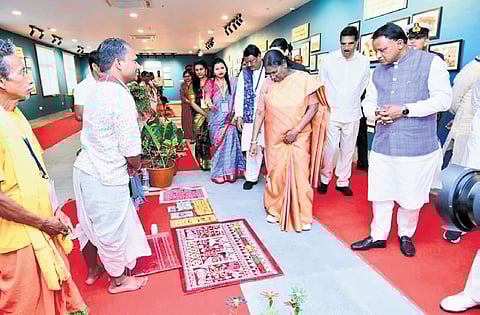 President Droupadi Murmu, Governor Hari Babu Kambhampati, Chief Minister Mohan Charan Majhi and Union Minister Jual Oram going around the exhibition on Tuesday